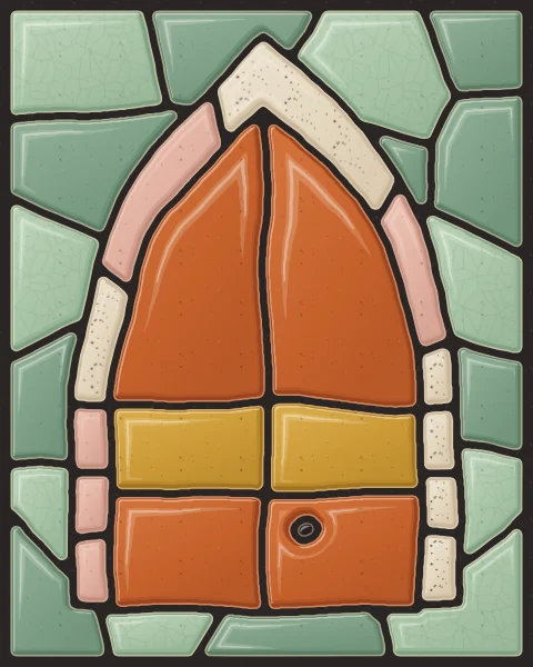 A wide double gate in burnt orange and ochre slabs under a pointed arch, with an iron ring, set in a sage wall.