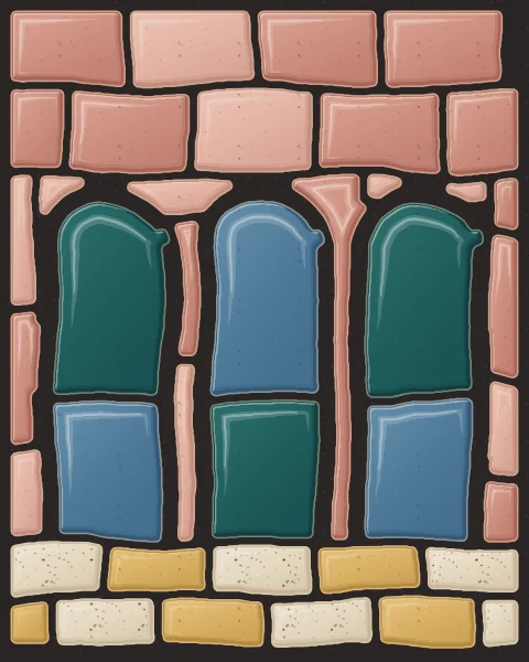 A run of round arches on slim columns, each opening a slab of blue shade, under a band of rose and ochre.