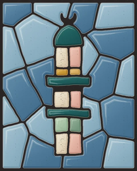 A slender minaret in stacked courses of oatmeal, ochre and celadon, with balconies and a domed cap, against a sky of blue slabs.