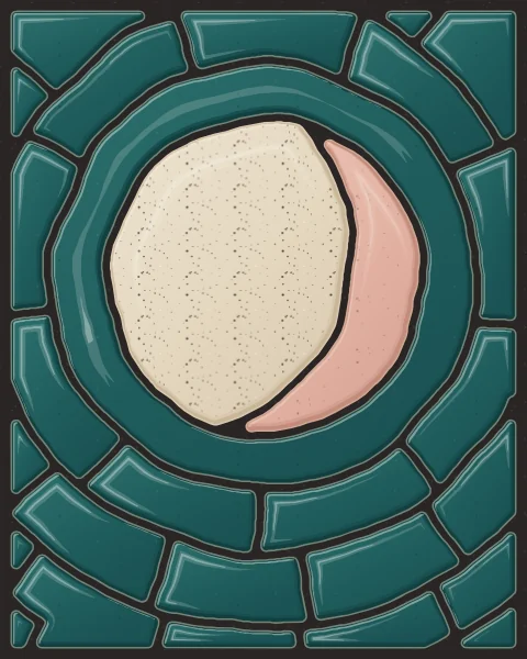 A large pale moon of two fitted slabs, oatmeal with a blush edge, alone on a field of deep teal.