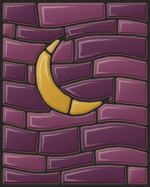 A broad ochre crescent over gentle waves of aubergine and plum slabs.