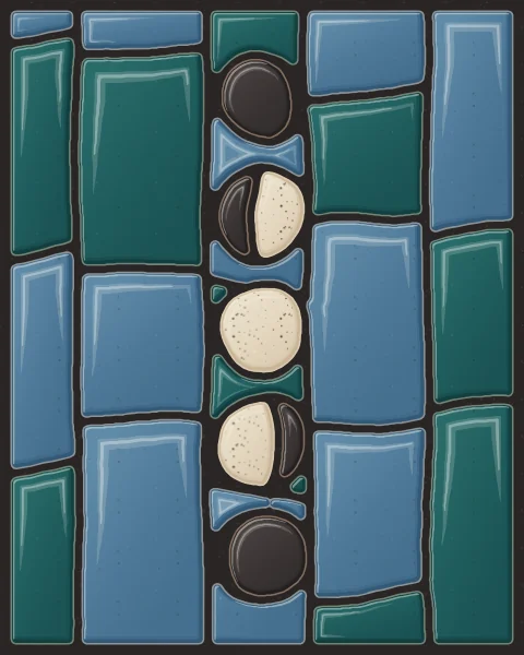 The moon from crescent to full and back, as a line of pale and charcoal slab discs on mineral blue and teal.
