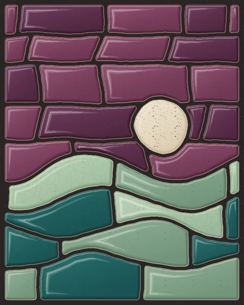A pale moon rising over rolling hills of sage, celadon and deep teal slabs, under a plum evening sky.