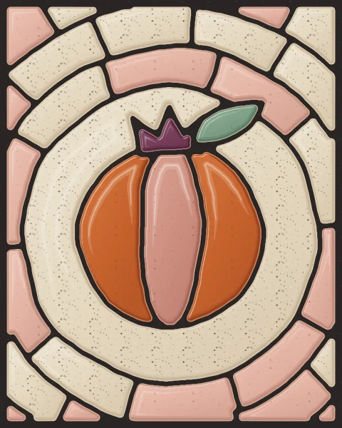 A single pomegranate in burnt orange and rose clay slabs, with a plum crown and a sage leaf, on an oatmeal ground.
