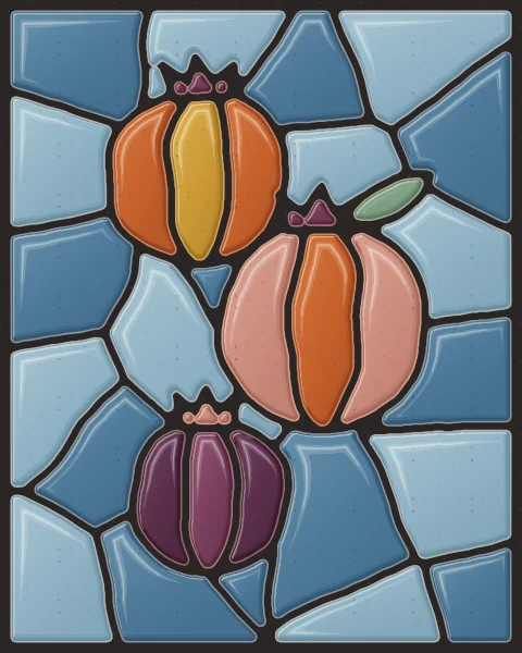 Three pomegranates of different sizes in orange, rose clay and aubergine, on a mineral-blue ground.