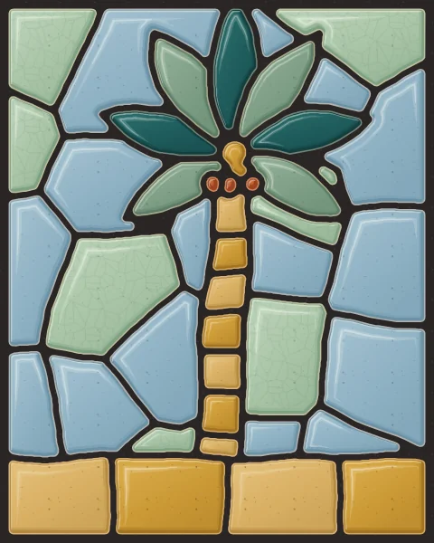 A date palm with a trunk of stacked ochre slabs, a crown of sage and teal fronds and a cluster of orange dates, against a pale sky.