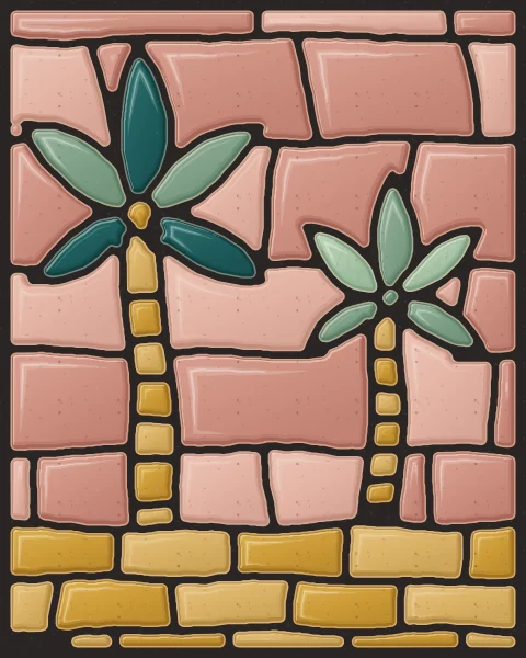 A grove of date palms of different heights over a band of honey and ochre slabs, under a rose sky.