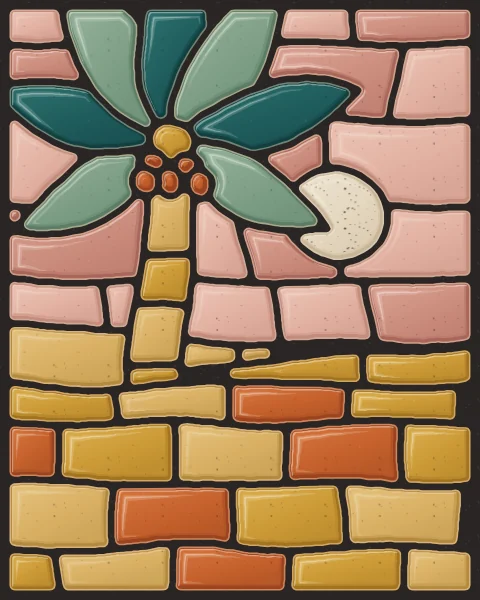 A date palm over courses of ochre and burnt orange sand, with a pale sun low in a rose sky.