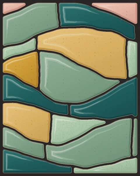 Rolling hills built from long curving slabs of sage, celadon, ochre and teal, stacked to the top of the frame.