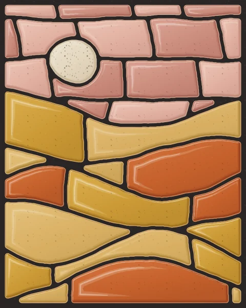 Dunes of ochre, honey and burnt orange slabs in long curves, under a small pale sun.