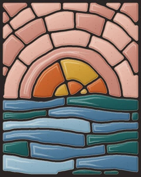 A half sun of ochre and orange slabs sitting on a sea of mineral-blue and teal wave courses.