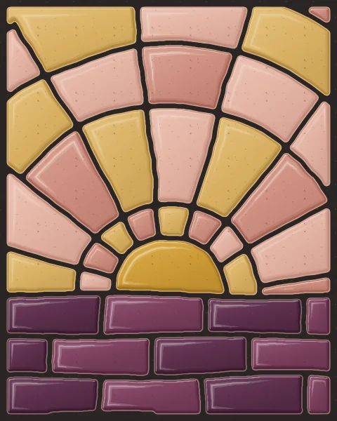 Rays of rose, blush and honey slabs fanning from a rising sun over a dark aubergine horizon.