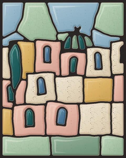 A hill town of small square houses and one dome in oatmeal and blush slabs, stepped up a slope of sage, with cypresses.