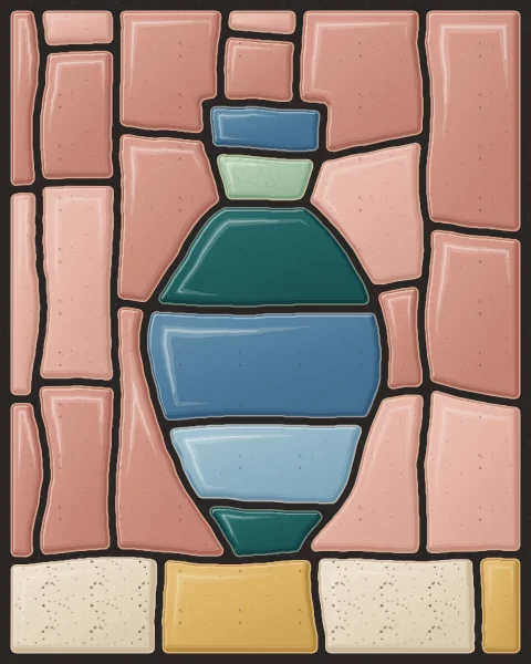 A tall amphora-shaped vase in bands of mineral blue, celadon and deep teal slabs, standing on an oatmeal shelf against rose clay.