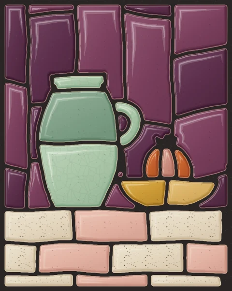 A still life of a celadon water jug and a pomegranate in an ochre bowl on an oatmeal table, against aubergine.