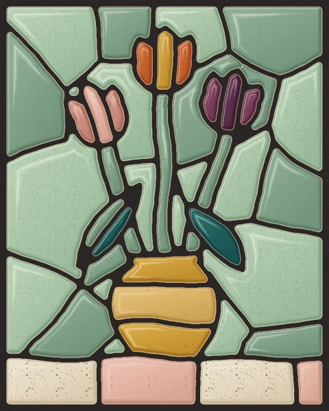 A round jar of ochre slabs holding three tulips in rose, orange and plum on long sage stems, against a celadon wall.