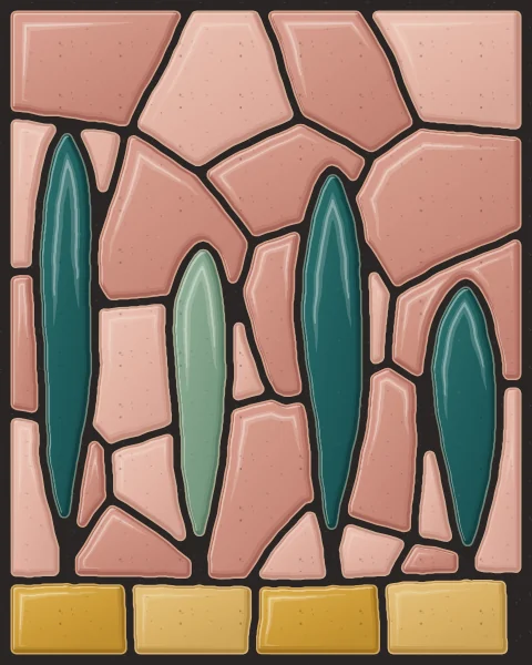 A row of tall cypress trees in teal and sage slabs, varying in height, before a wall of rose clay.