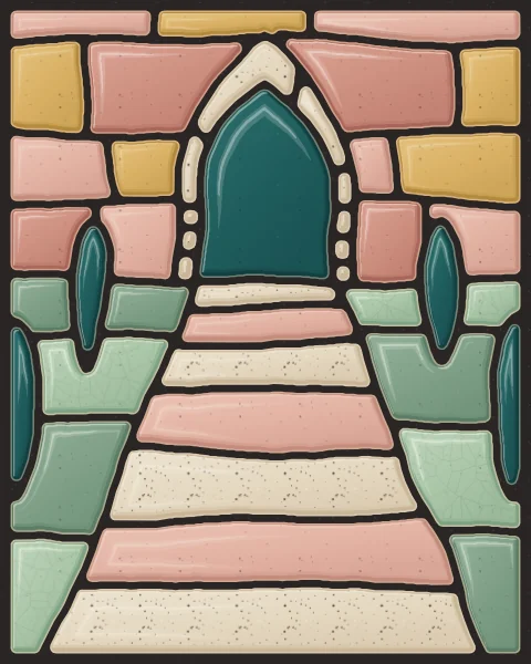 A path of oatmeal slabs running up to a pointed arch, between beds of sage and cypress trees, seen in steep perspective.