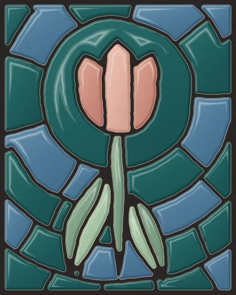 A single tulip in rose clay and blush slabs on a tall sage stem with two long leaves, on deep teal.