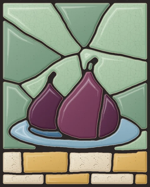 Ripe purple figs with green stems on a blue dish, against celadon.