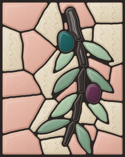 A long olive branch of sage and celadon leaf slabs with dark olives, curving across an oatmeal and blush ground.