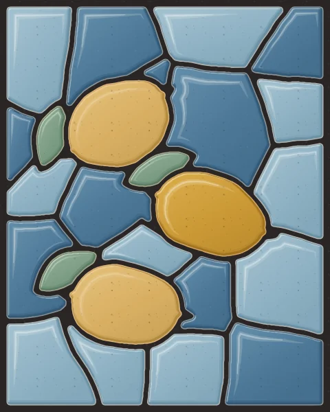Whole lemons, each a single ochre or honey slab, with sage leaves, scattered across a ground of mineral-blue and sky slabs.