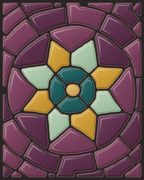 A large eight-pointed star of celadon and ochre slabs around a teal ring, set in rings of aubergine.