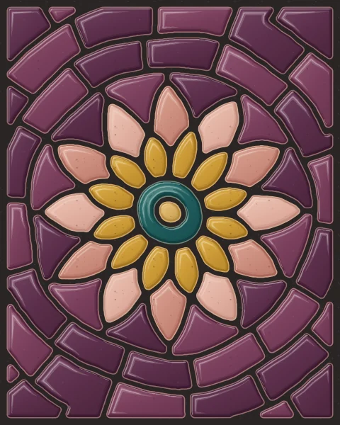 A rosette of petal-shaped slabs in rose clay, blush and ochre around a teal centre, ringed by aubergine.