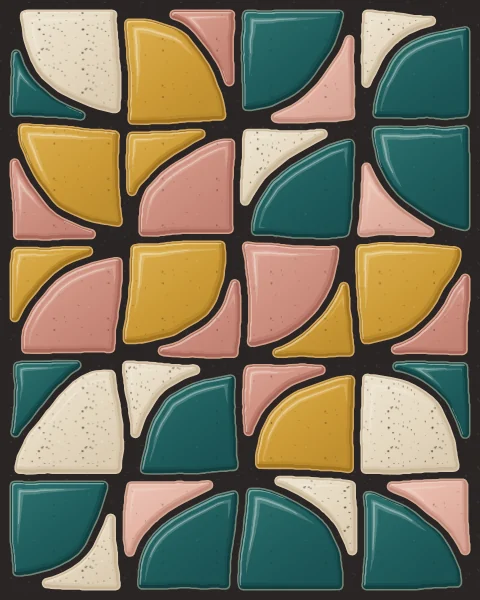 A grid of square slabs, each holding a quarter circle turned a different way, in teal, ochre, rose and oatmeal.