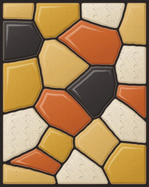 An abstract puzzle of rounded slabs in ochre, burnt orange, honey, oatmeal and charcoal, fitted edge to edge.