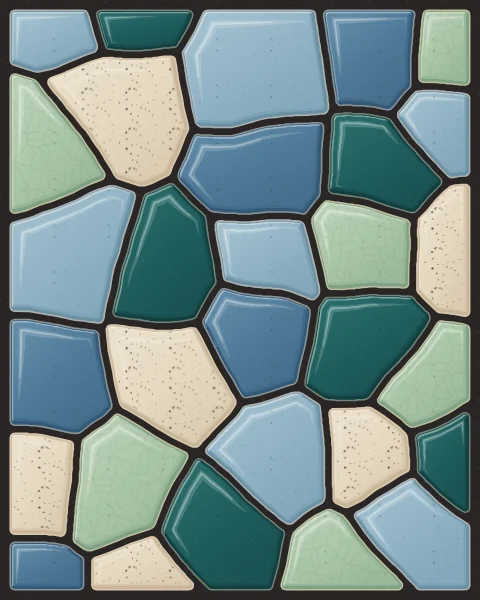 An abstract field of rounded slabs in mineral blue, sky, teal, celadon and oatmeal, like stones under water.