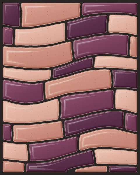An abstract puzzle of curved slabs in aubergine, plum, rose clay and blush, set in wave-like courses.