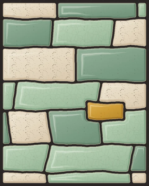 Long horizontal slabs of celadon and oatmeal laid in courses, with a single ochre slab breaking the rhythm.