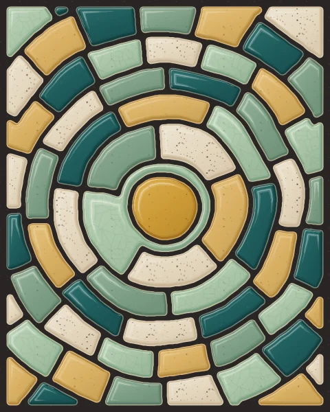 Concentric rings of slabs in teal, celadon, ochre and oatmeal radiating from an ochre disc, like ripples in a pool.