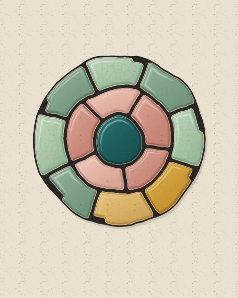 A round ceramic panel of curved slabs in rose clay, celadon and ochre, mounted on a plain plaster wall.