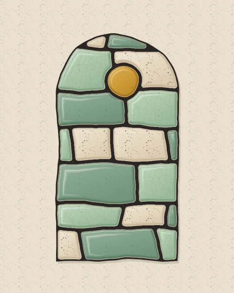 An arch-shaped ceramic panel of large slabs in celadon, sage and oatmeal, with one ochre moon, on a plaster wall.