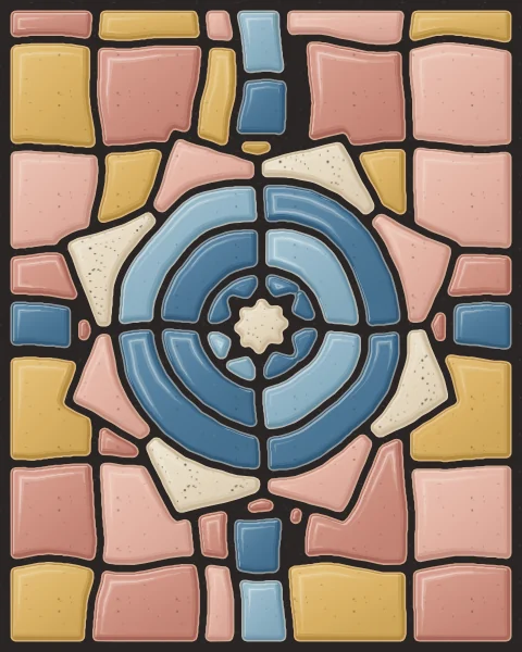 A courtyard fountain seen from above: an eight-pointed basin of oatmeal slabs around rings of blue and sky water, in a court of rose clay paving.