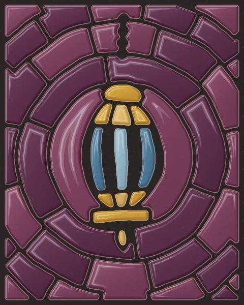 A hanging lantern of ochre and honey slabs with blue glass panes and a chain of small round slabs, against aubergine.