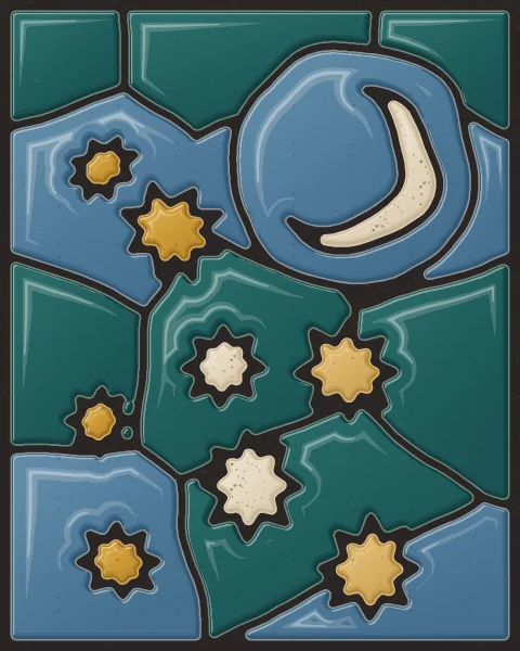A night of deep teal and mineral-blue slabs scattered with small eight-pointed stars in ochre and oatmeal, and a slim crescent set in a round slab.