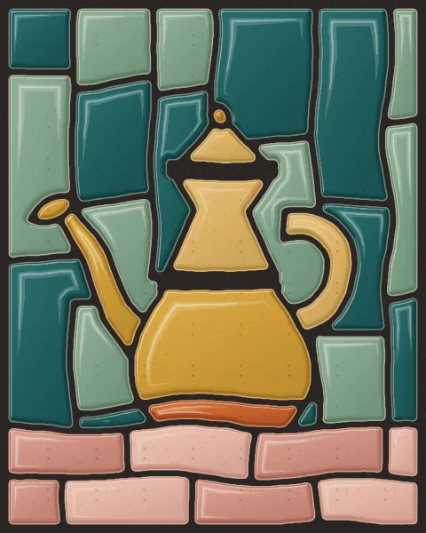 A dallah coffee pot in ochre, honey and burnt orange slabs, with its long beak spout, round handle and pointed lid, on a rose clay table against teal.