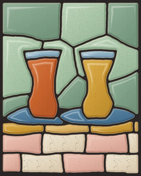 Slender tulip-shaped tea glasses filled with amber tea, each on a blue saucer, on an oatmeal table against celadon.