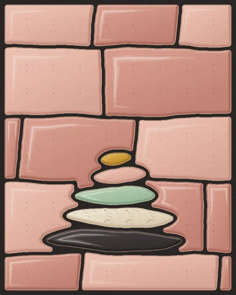 A small stack of rounded stones in charcoal, oatmeal, celadon, blush and ochre balanced one on another, on a calm field of rose clay.