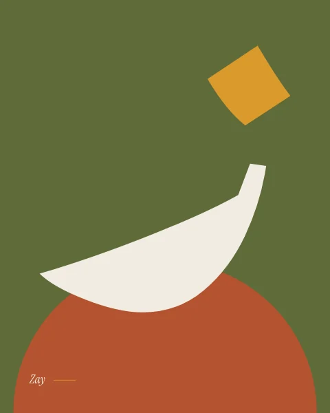 The letter zay in Rakkas, a sweeping bone stroke over a saffron half-sun on olive, with its dot in terracotta.
