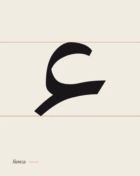 The hamza in a hairline weight of Lateef, a small ink sign on bone hung between fine terracotta guide lines.