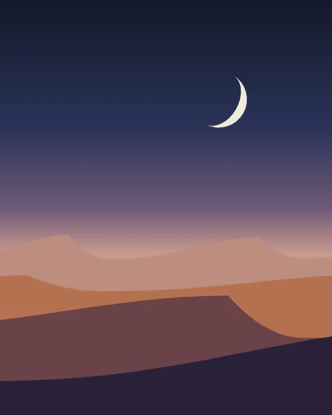A small crescent hangs over layered dunes as the sky deepens from rose to indigo.