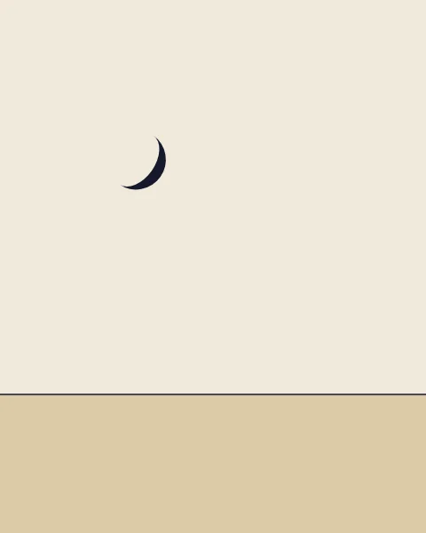 A small dark crescent sits above a single fine horizon line and a band of sand.