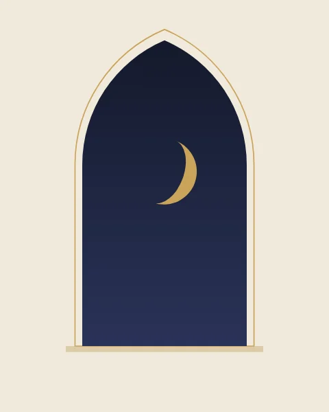 A gold crescent seen through a pointed arch, outlined by a single fine gold line.