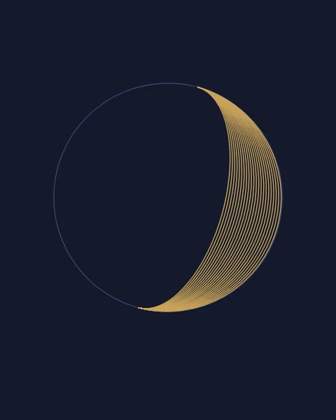 A crescent drawn in fine gold lines that fan out from horn to horn against deep ink.