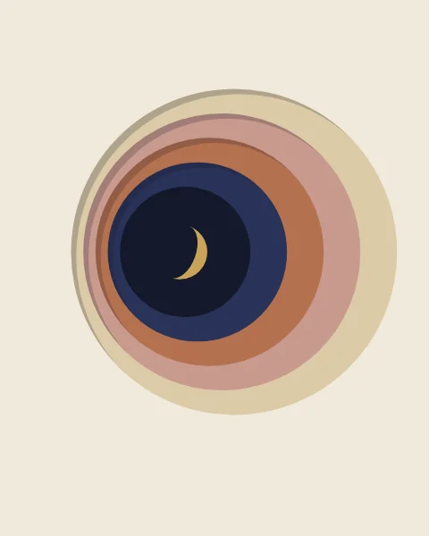 Five sheets of paper, each cut with a round opening set slightly off centre, so every layer frames a crescent, with a small gold moon at the deepest point.