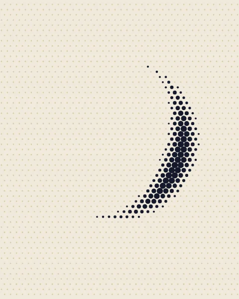 A crescent emerges from a field of dots that swell where the moon is lit.